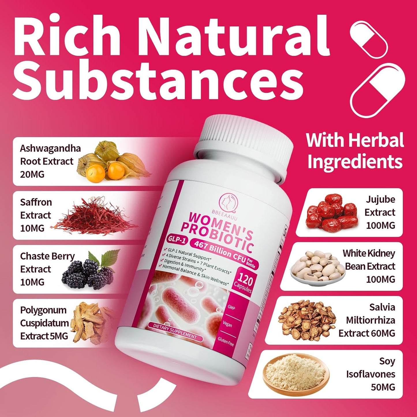 Probiotics for Women - 467 Billion CFUs with Jujube, Probiotic Supplement Capsules Supports Digestive & Skin & Gut Health, Immune, Bloating & Constipation Relief, Vegan, Gluten-Free,120 Counts