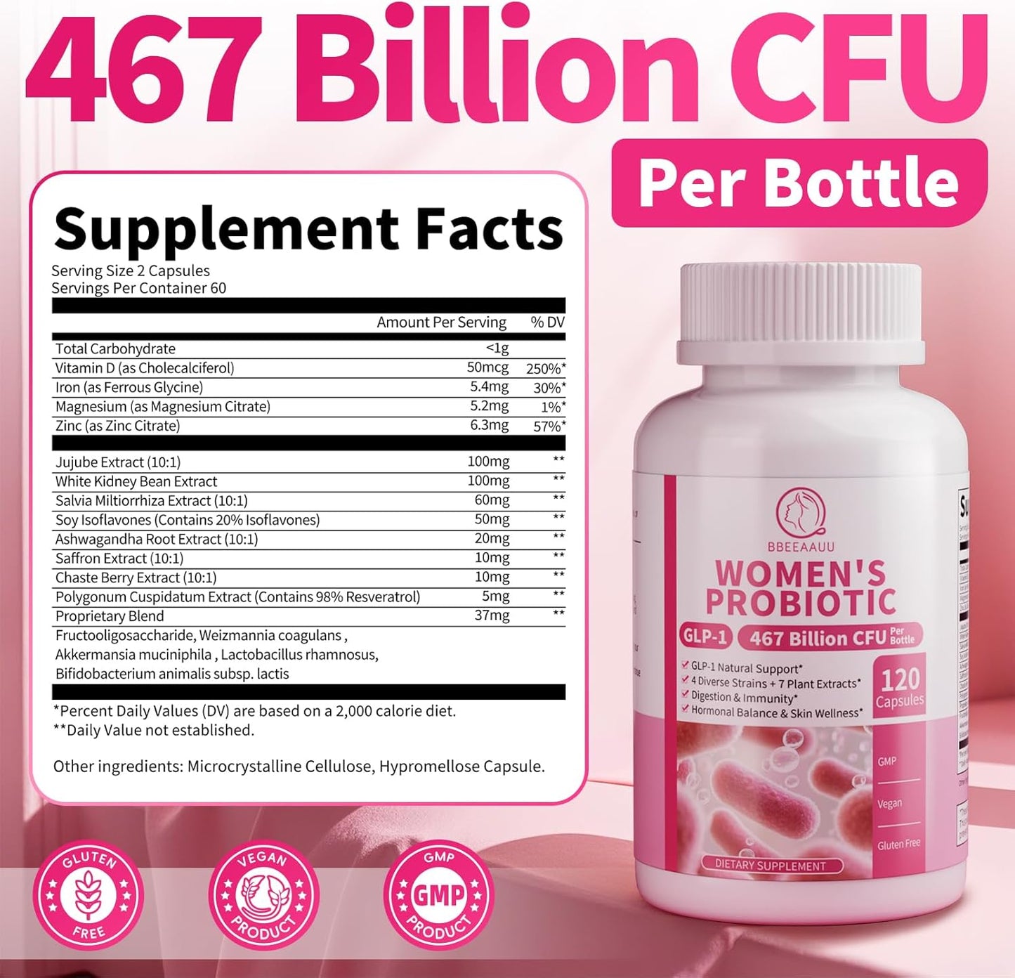 Probiotics for Women - 467 Billion CFUs with Jujube, Probiotic Supplement Capsules Supports Digestive & Skin & Gut Health, Immune, Bloating & Constipation Relief, Vegan, Gluten-Free,120 Counts