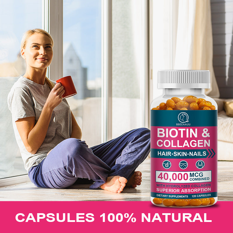 BBEEAAUU Collagen Biotin Capsules EXTRA STRENGTH HAIR, SKIN and NAILS Hair Care Hair Growth Essential Oil Repair Hair Follicle