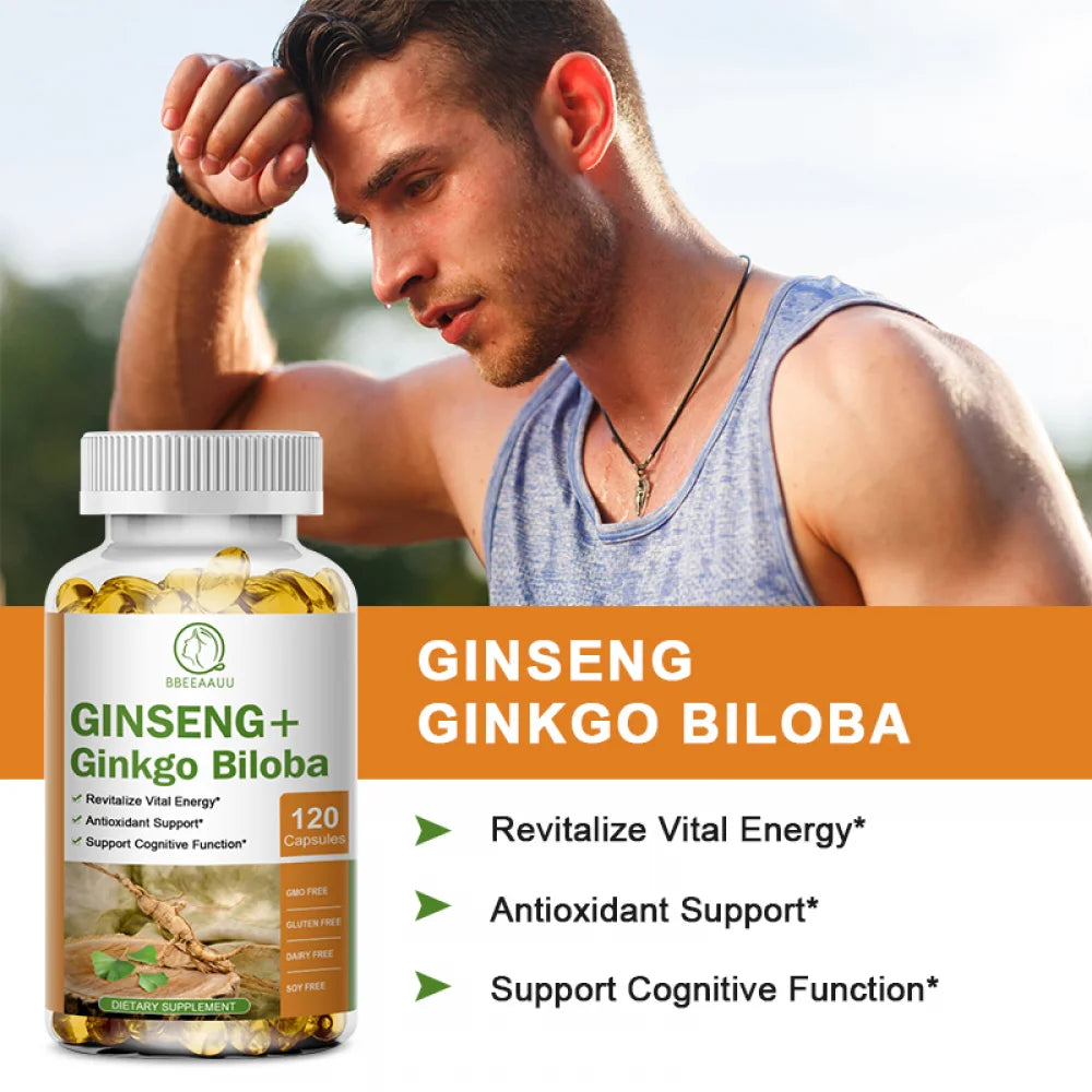 Ginseng + Ginkgo Biloba, Ginseng Root Extract Powder 1000mg (10% Ginsenosides) + Gingko Biloba 200mg, Energy and Focus Pills for Men and Women, 240 Vegan Capsules, 2 Pack