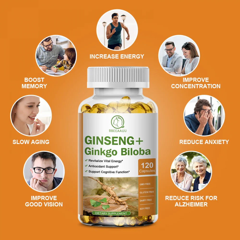 Ginseng + Ginkgo Biloba, Ginseng Root Extract Powder 1000mg (10% Ginsenosides) + Gingko Biloba 200mg, Energy and Focus Pills for Men and Women, 240 Vegan Capsules, 2 Pack
