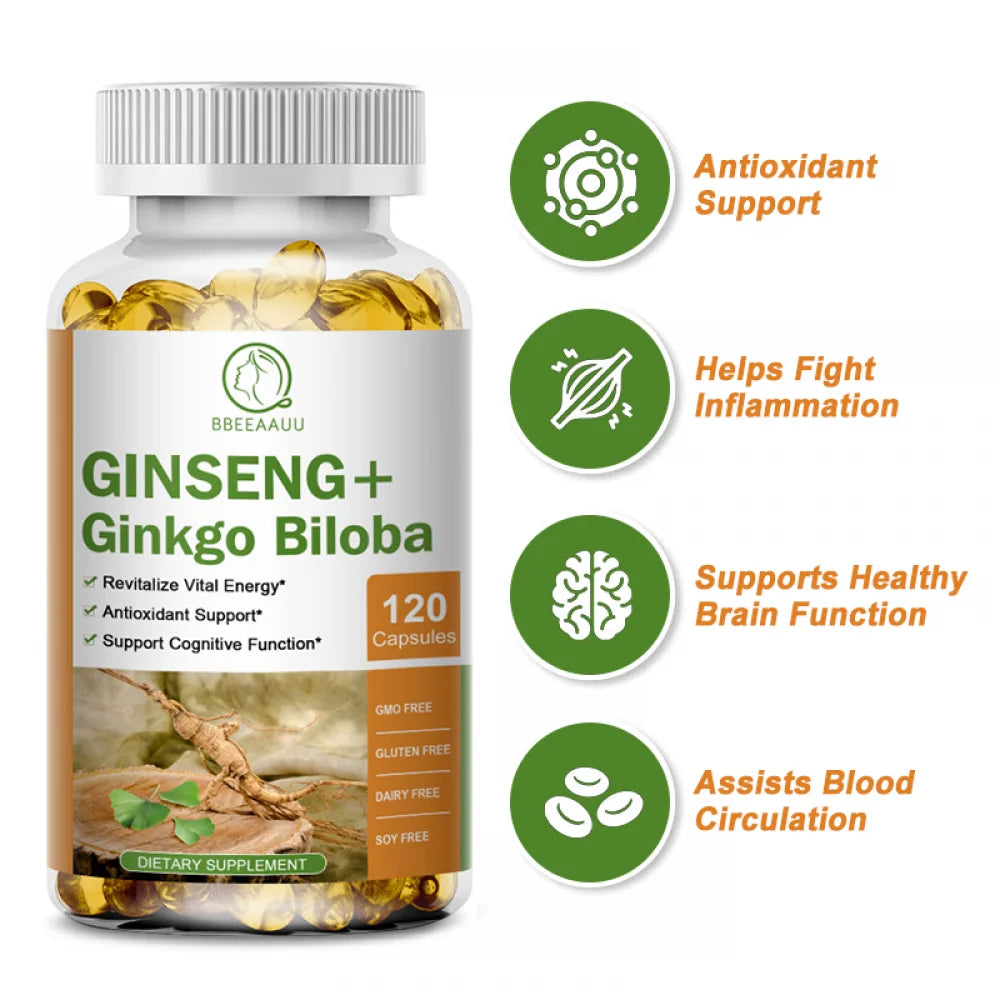 Ginseng + Ginkgo Biloba, Ginseng Root Extract Powder 1000mg (10% Ginsenosides) + Gingko Biloba 200mg, Energy and Focus Pills for Men and Women, 240 Vegan Capsules, 2 Pack