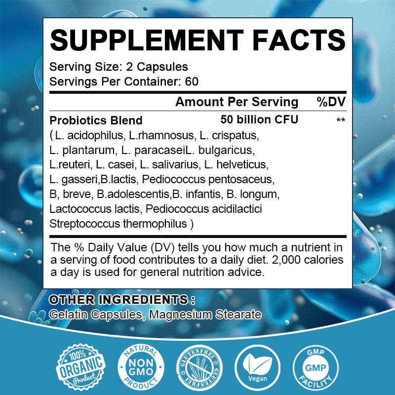 Bbeeaauu Probiotics Blend Capsules Supplements 50 Billion CFUs Relieve Digestive and Intestinal Problems Improve immunity Promote Nutrient Absorption