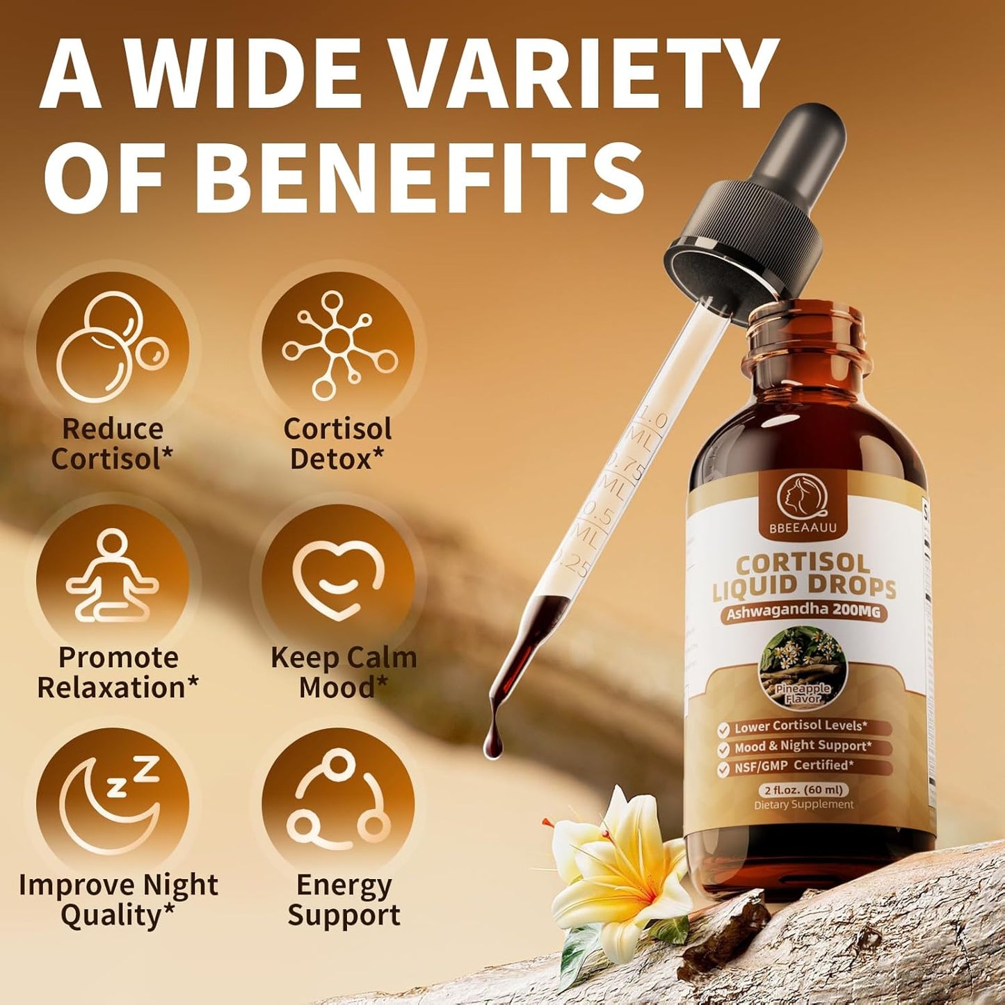 21-in-1 Cortisol Supplements for Women & Men, with 200mg Ashwagandha, Vitamins & NAD+, Cortisol Manager Reducer Detox* Liquid Drops, Support Mood, Night & Energy, Pineapple, 60ml