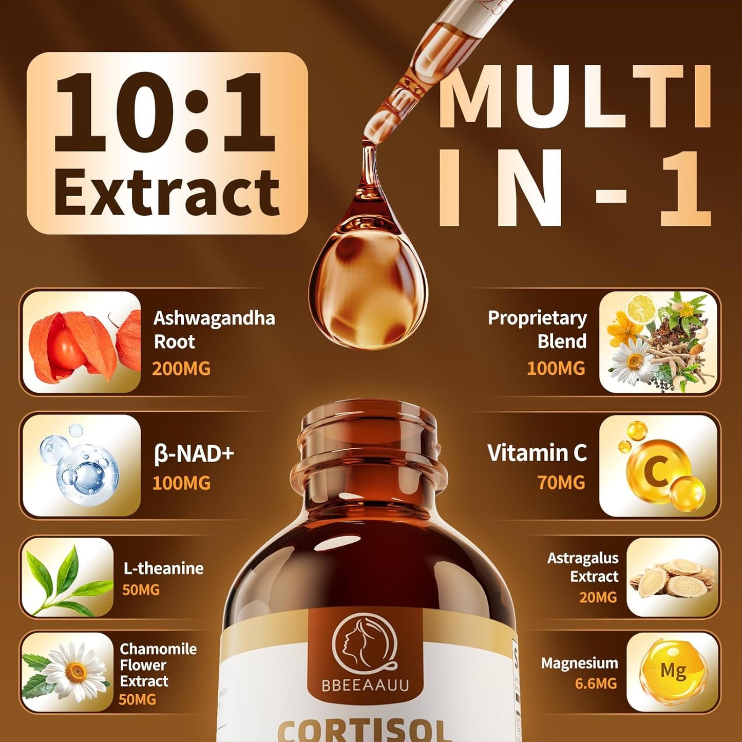 21-in-1 Cortisol Supplements for Women & Men, with 200mg Ashwagandha, Vitamins & NAD+, Cortisol Manager Reducer Detox* Liquid Drops, Support Mood, Night & Energy, Pineapple, 60ml