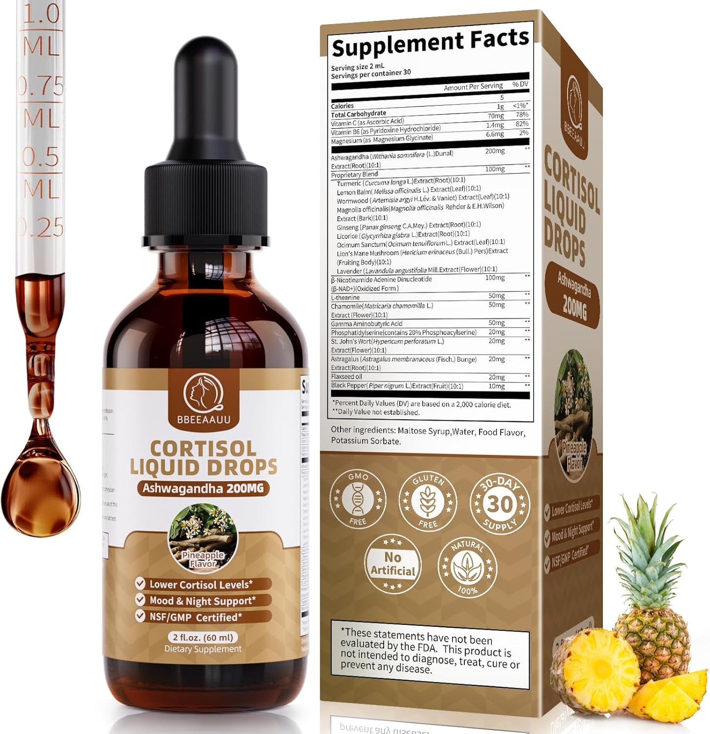 21-in-1 Cortisol Supplements for Women & Men, with 200mg Ashwagandha, Vitamins & NAD+, Cortisol Manager Reducer Detox* Liquid Drops, Support Mood, Night & Energy, Pineapple, 60ml