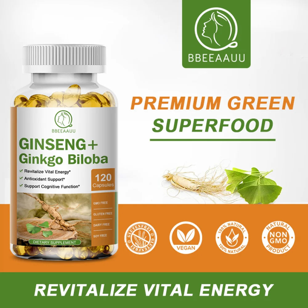 Ginseng + Ginkgo Biloba, Ginseng Root Extract Powder 1000mg (10% Ginsenosides) + Gingko Biloba 200mg, Energy and Focus Pills for Men and Women, 240 Vegan Capsules, 2 Pack