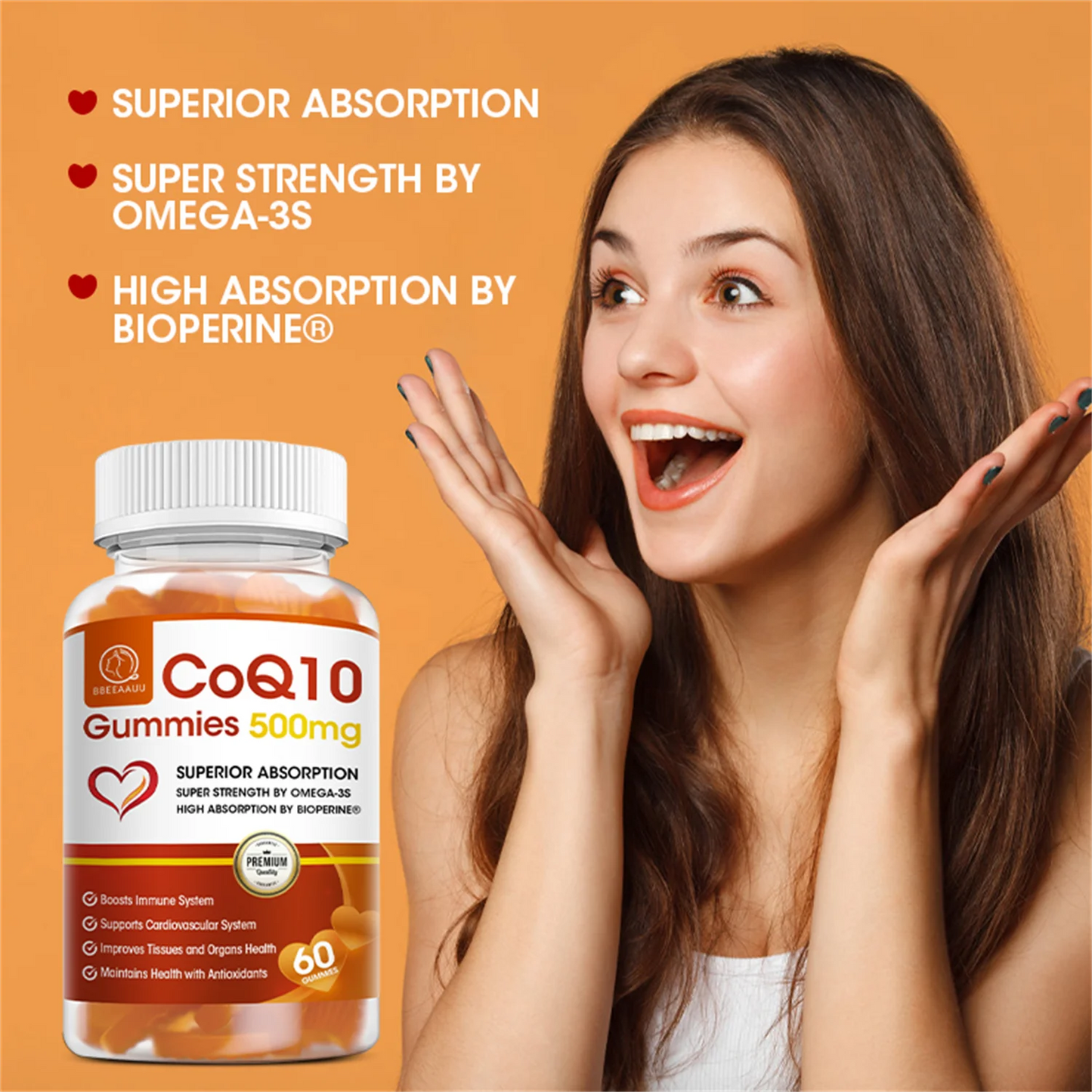 BEAU COQ10 Gummies Supplement, Ultra High Absorption CoQ10 500mg, Support Heart Health, Gluten Free (120 Vegan Gummies)