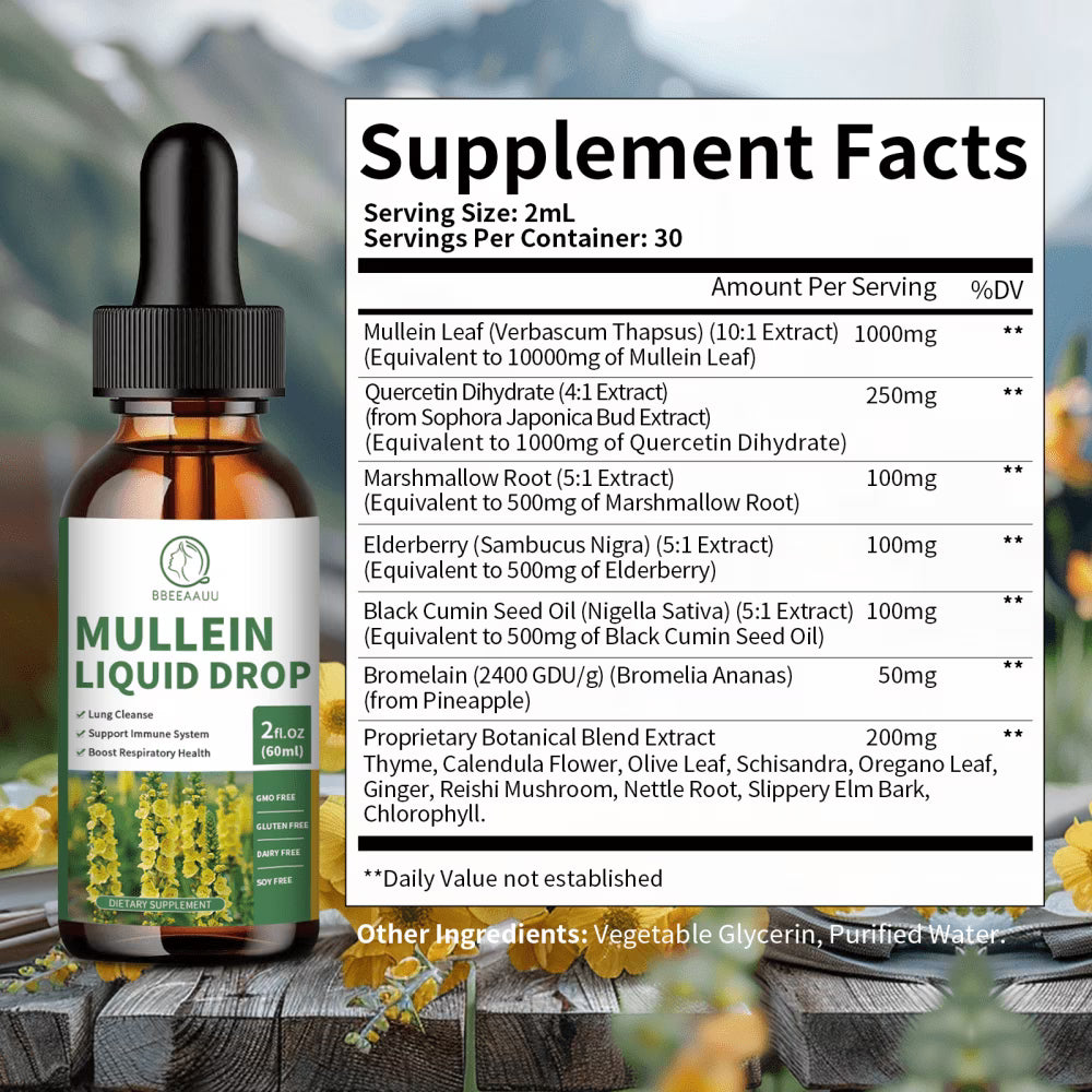 Mullein Drops for Lungs - Liquid Mullein Leaf Extract for Lungs Cleanse - Mullein Leaf Extract 1000MG for Lung Cleanse, Respiratory, Immunity - Pure Mullein Extract Drops - Non-GMO, 2 fl oz