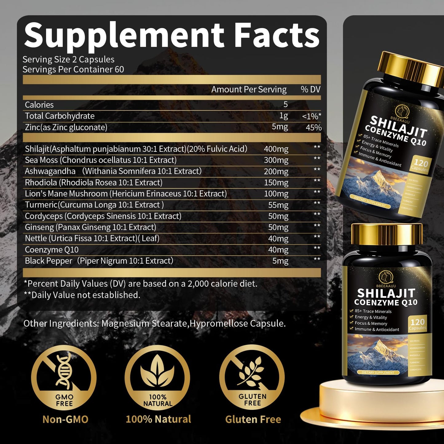 Shilajit Capsules with Sea Moss & Ashwagandha for Men & Women,12 in 1 Himalayan Shilajit Supplements with Coenzyme Q10, Fulvic Acid & Humic Acid, Lion's Mane, Energy & Immune, 120 Count, 2 Pack
