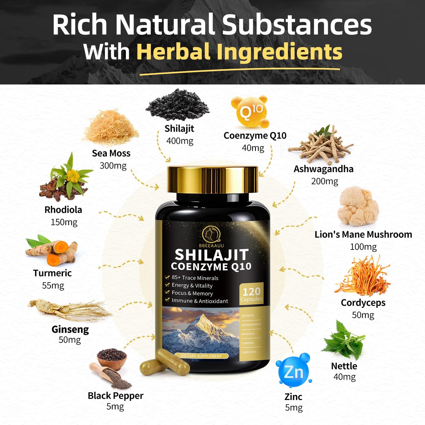 Shilajit Capsules with Sea Moss & Ashwagandha for Men & Women,12 in 1 Himalayan Shilajit Supplements with Coenzyme Q10, Fulvic Acid & Humic Acid, Lion's Mane, Energy & Immune, 120 Count, 2 Pack