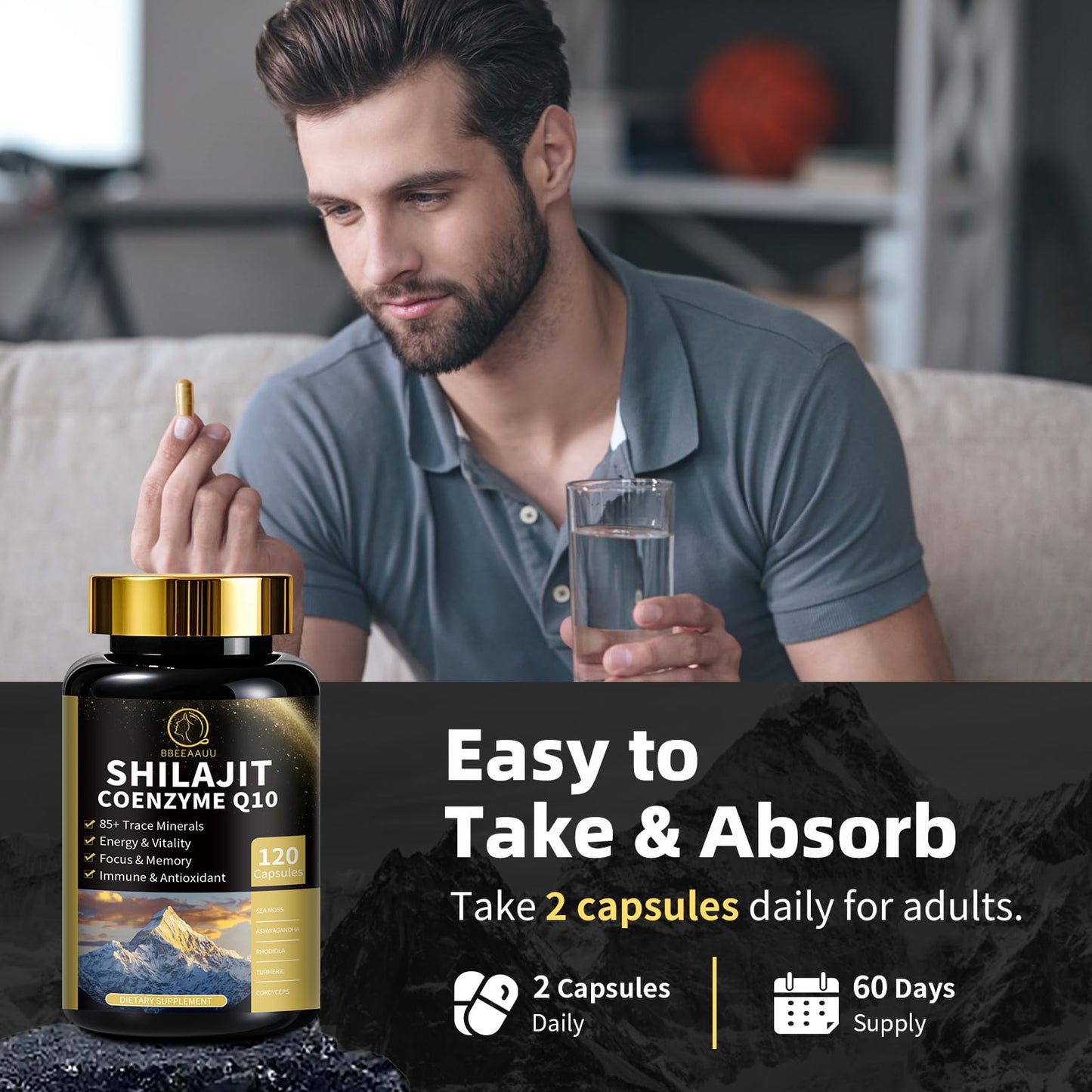 Shilajit Capsules with Sea Moss & Ashwagandha for Men & Women,12 in 1 Himalayan Shilajit Supplements with Coenzyme Q10, Fulvic Acid & Humic Acid, Lion's Mane, Energy & Immune, 120 Count, 2 Pack