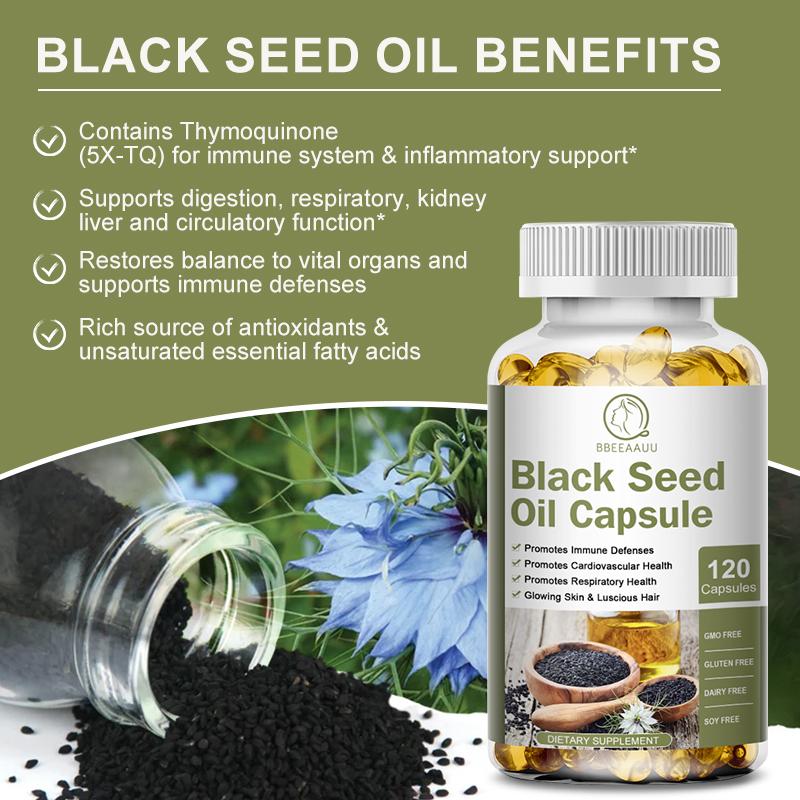 Bbeeaauu Black Seed Oil Capsules, 100% Virgin, Cold Pressed Source of Omega 3 6 9, Super Antioxidant for Immune Support, Joints, Digestion, Hair & Skin, 120 Caps