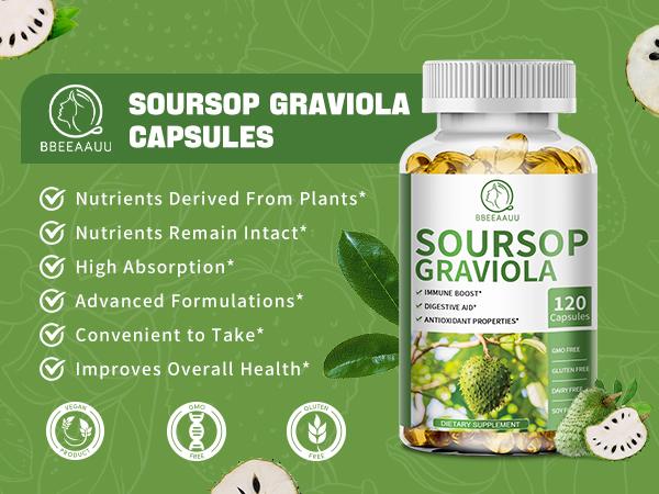 Soursop Graviola Capsules, Contain Kelp, for Cell Regeneration, Enhances Immunity, Supports Immune System, Digestive & Antioxidant Properties, Gluten Free, Non GMO, Vegan, 120 Counts