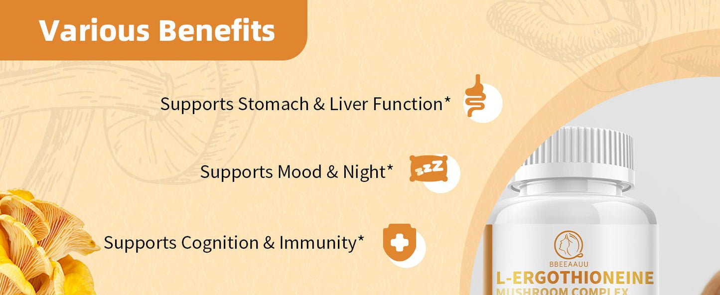 L-Ergothioneine Mushroom Complex Capsules Supplements with L-Ergothioneine 5MG, Organic Mushroom Extracts 940MG, Glutathione 150MG for Immune Support & Brain Supplement, Vegan, 120 Counts