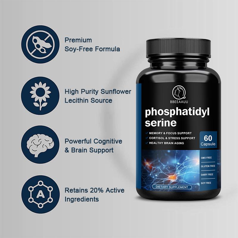 Bbeeaauu Phosphatidylserine Supplements Enhanced Absorption Brain Support for Memory Formation + Recall, Creativity, Brain Plasticity, Processing Speed, Learning,Cognitive Fluidity
