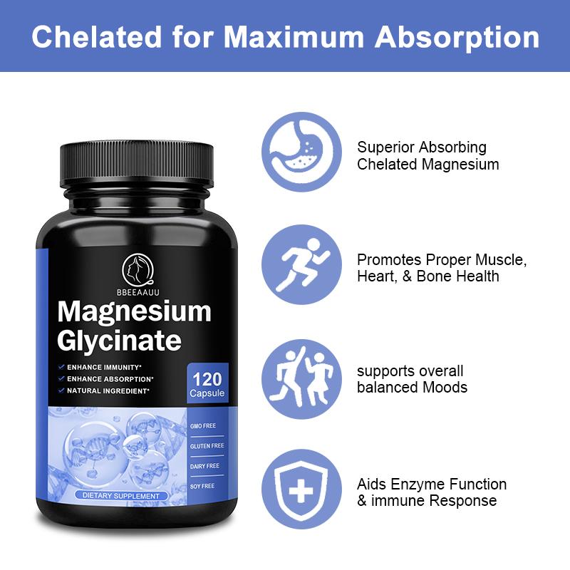 Bbeeaauu Magnesium Glycinate 200 mg Promotes Proper Muscle.Heart,& Bone Health supports overallpalanced Moods for Women and Men
