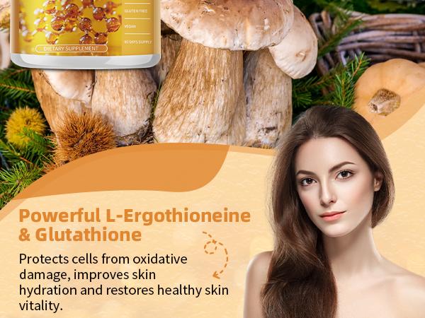 L-Ergothioneine Mushroom Complex Capsules Supplements with L-Ergothioneine 5MG, Organic Mushroom Extracts 940MG, Glutathione 150MG for Immune Support & Brain Supplement, Vegan, 120 Counts