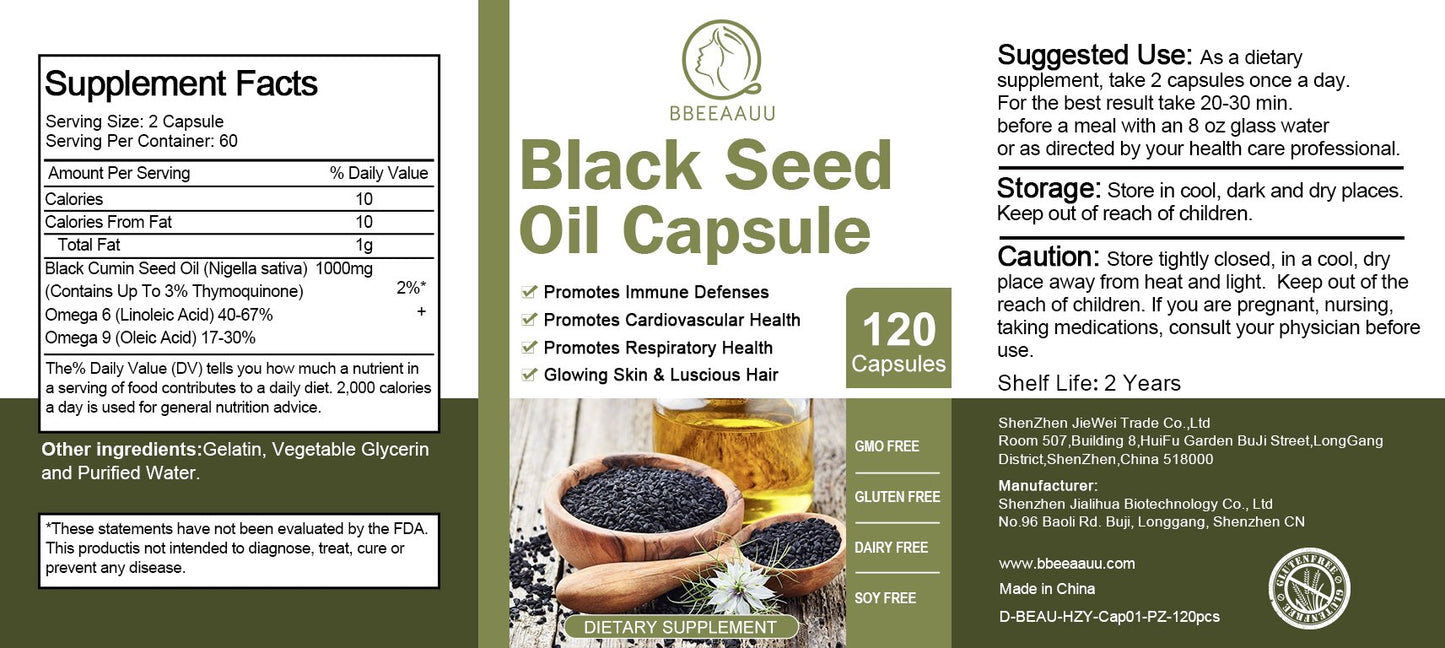 Bbeeaauu Black Seed Oil Capsules, 100% Virgin, Cold Pressed Source of Omega 3 6 9, Super Antioxidant for Immune Support, Joints, Digestion, Hair & Skin, 120 Caps
