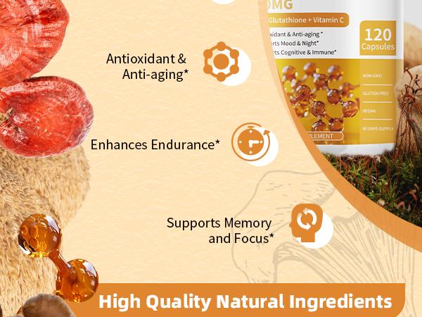 L-Ergothioneine Mushroom Complex Capsules Supplements with L-Ergothioneine 5MG, Organic Mushroom Extracts 940MG, Glutathione 150MG for Immune Support & Brain Supplement, Vegan, 120 Counts