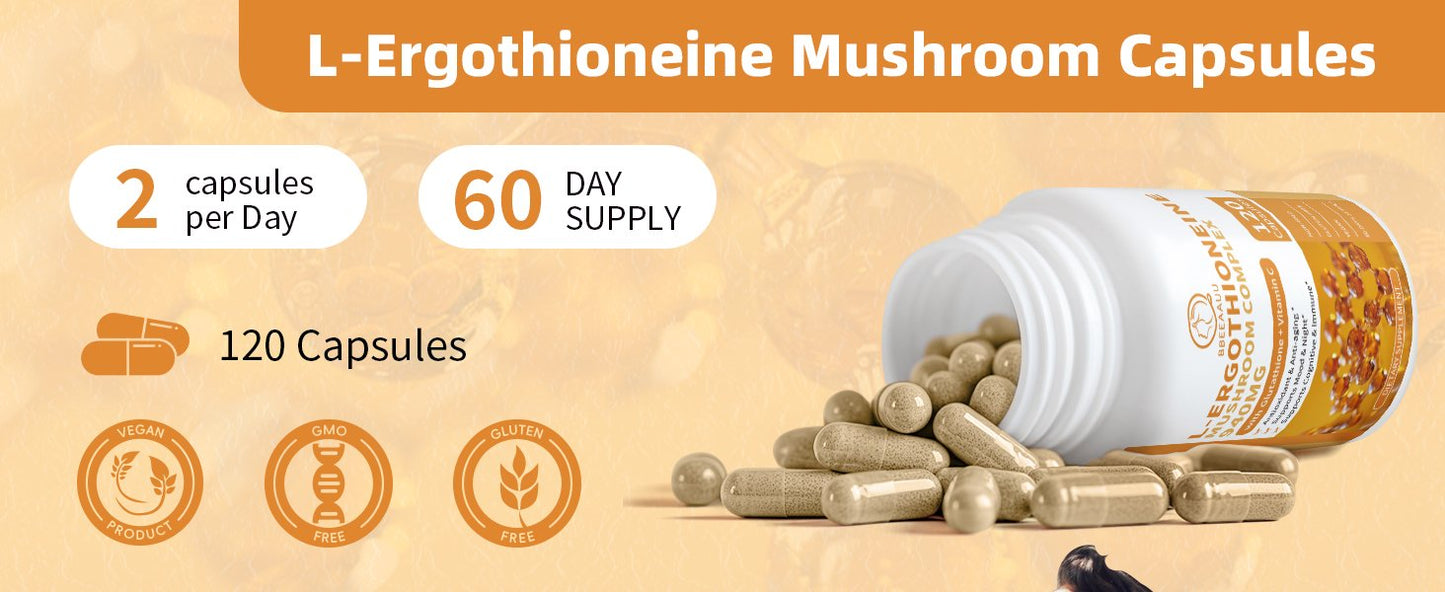 L-Ergothioneine Mushroom Complex Capsules Supplements with L-Ergothioneine 5MG, Organic Mushroom Extracts 940MG, Glutathione 150MG for Immune Support & Brain Supplement, Vegan, 120 Counts