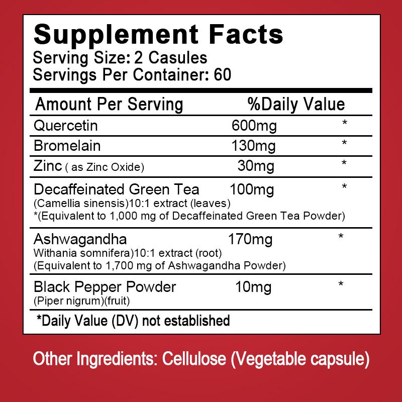 Quercetin Complex 600mg with Bromelain,Zinc, Protects the Lungs Breathes Freely Protects Cardiovascular System and Supports Immune Health