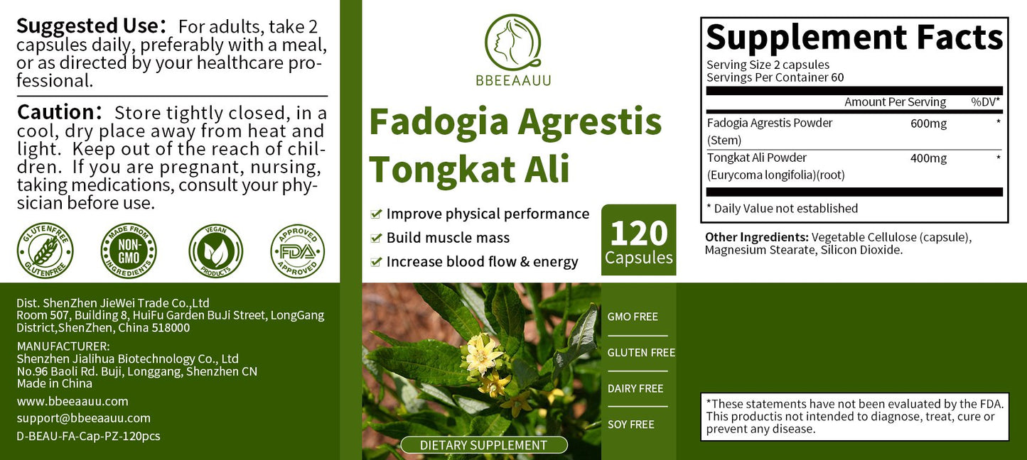 Bbeeaauu Tongkat Ali Fadogia Agrestis Vegetarian Capsule Supplement Muscle Builder Support Athletic Performance Energy Booster for Men