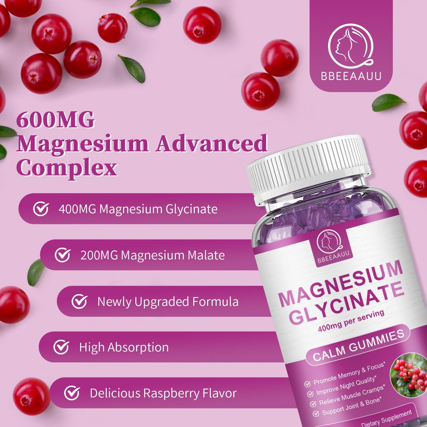 BBEEAAUU Magnesium Glycinate Gummies 400mg for Adults Cranberry Flavor