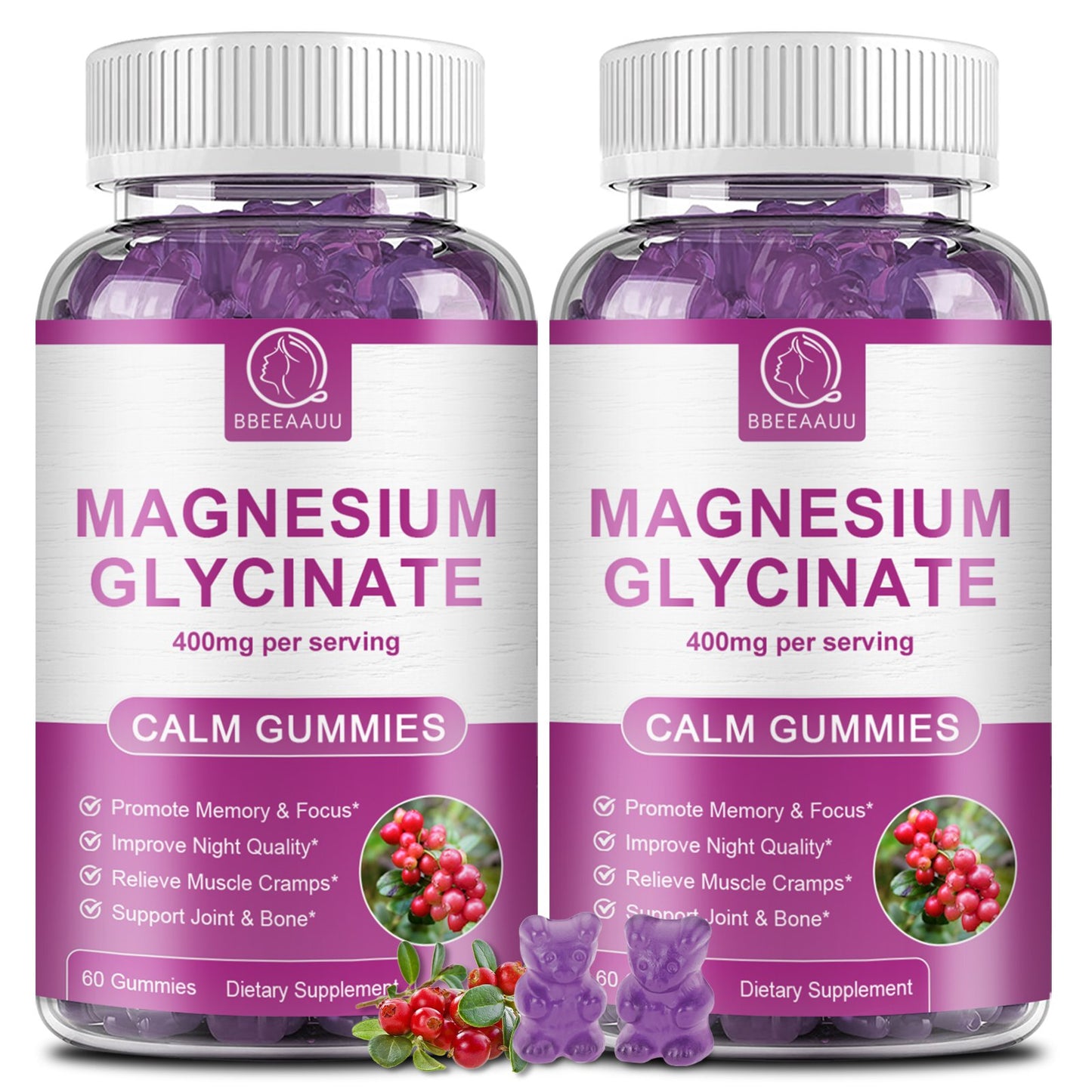 BBEEAAUU Magnesium Glycinate Gummies 400mg for Adults Cranberry Flavor
