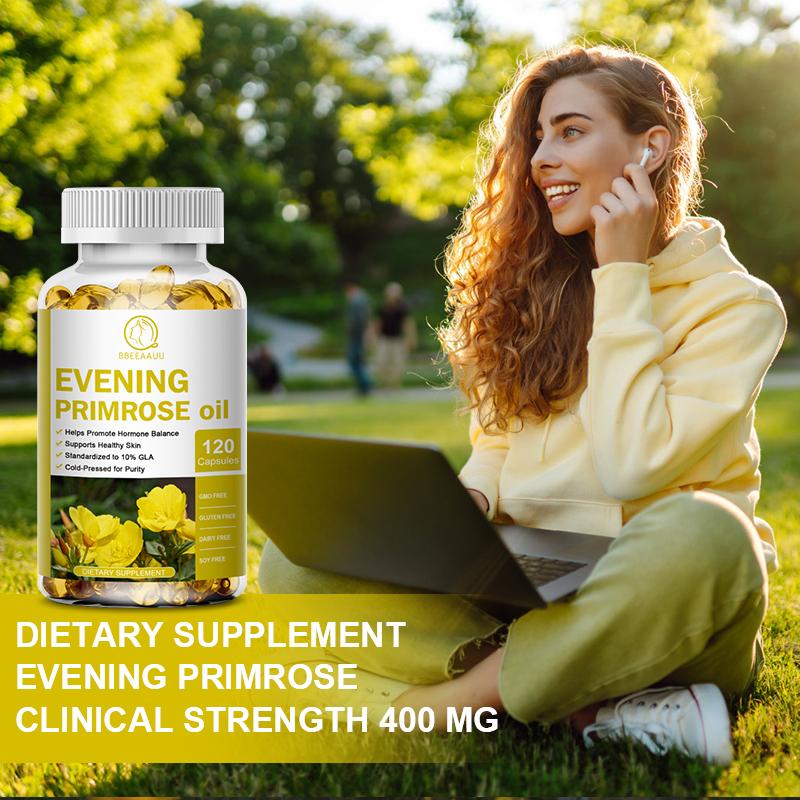 Bbeeaauu Evening Primrose Oil Capsules 400mg Standardized to 10% GLA Cold-Pressed for Purity Helps Promote Hormone Balance