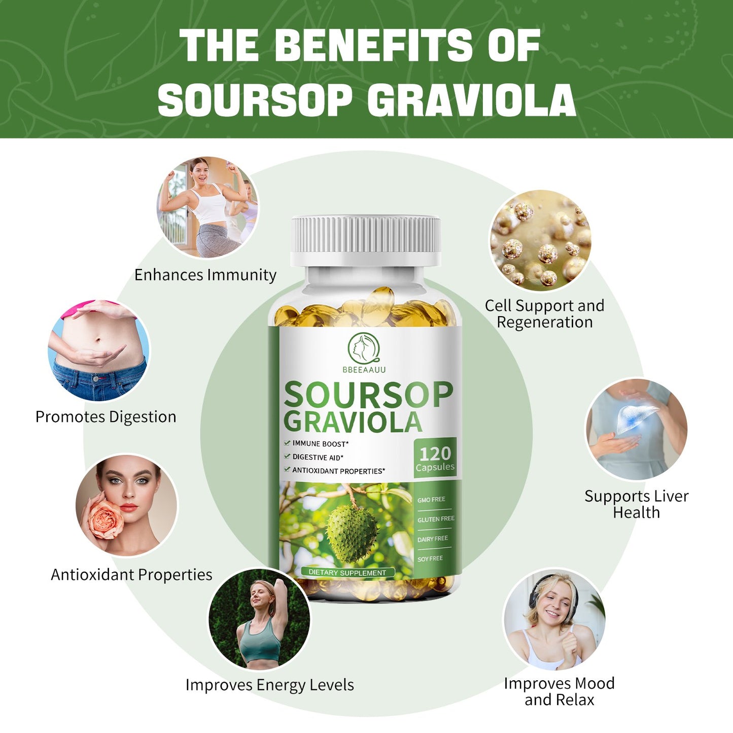 Soursop Graviola Capsules, Contain Kelp, for Cell Regeneration, Enhances Immunity, Supports Immune System, Digestive & Antioxidant Properties, Gluten Free, Non GMO, Vegan, 120 Counts