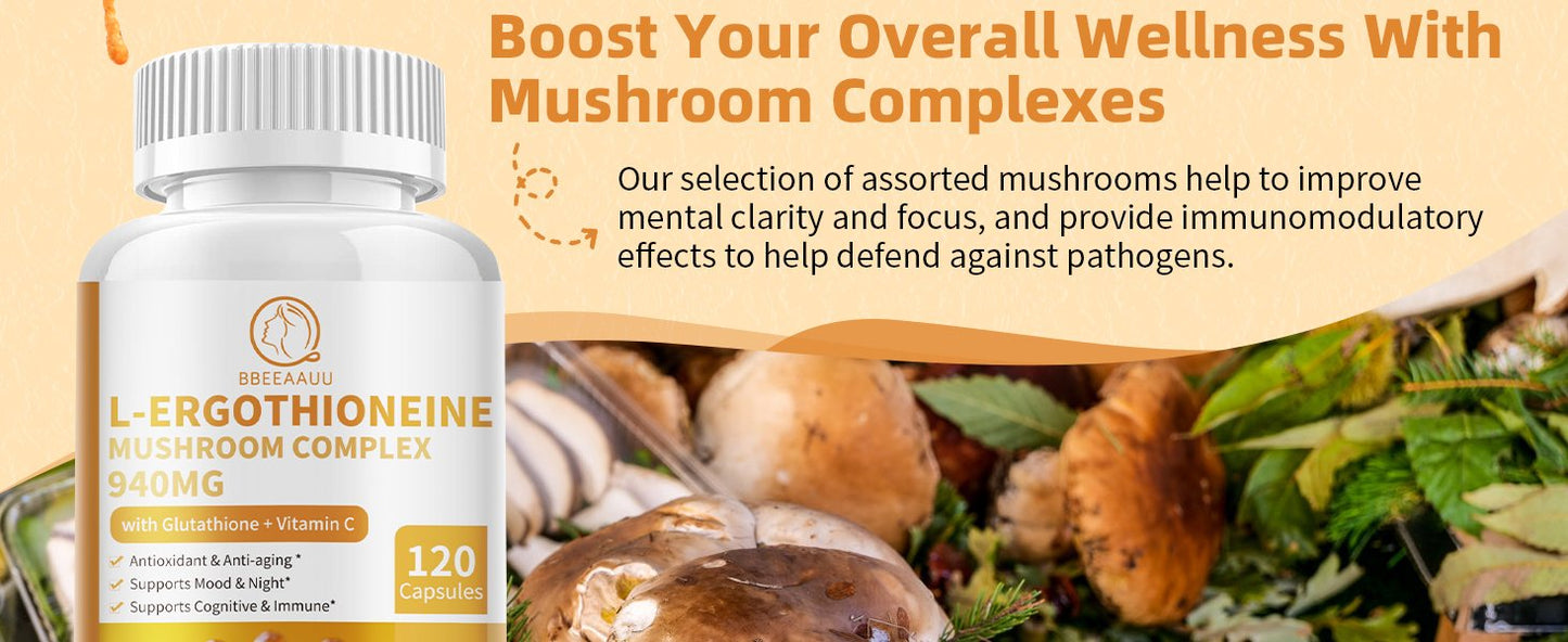 L-Ergothioneine Mushroom Complex Capsules Supplements with L-Ergothioneine 5MG, Organic Mushroom Extracts 940MG, Glutathione 150MG for Immune Support & Brain Supplement, Vegan, 120 Counts