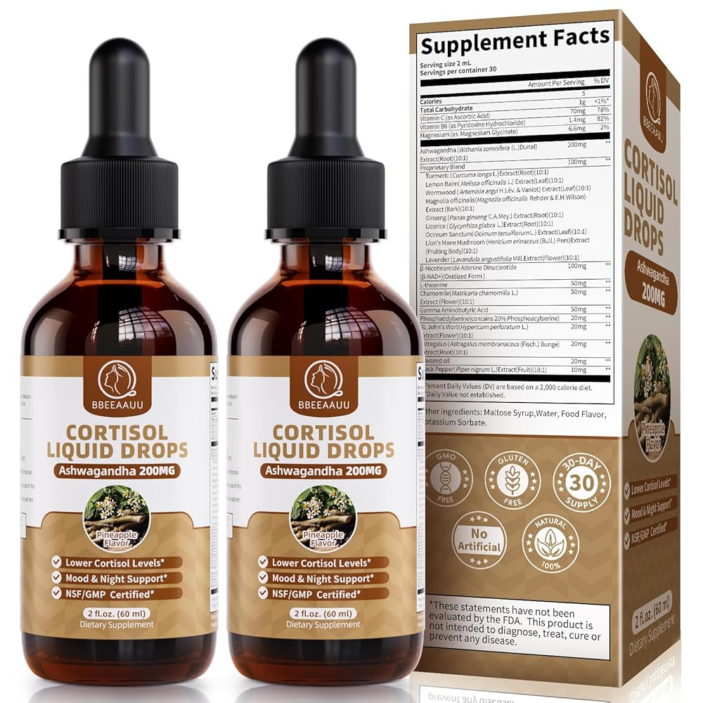21-in-1 Cortisol Supplements for Women & Men, with 200mg Ashwagandha, Vitamins & NAD+, Cortisol Manager Reducer Detox* Liquid Drops, Support Mood, Night & Energy, Pineapple, 60ml