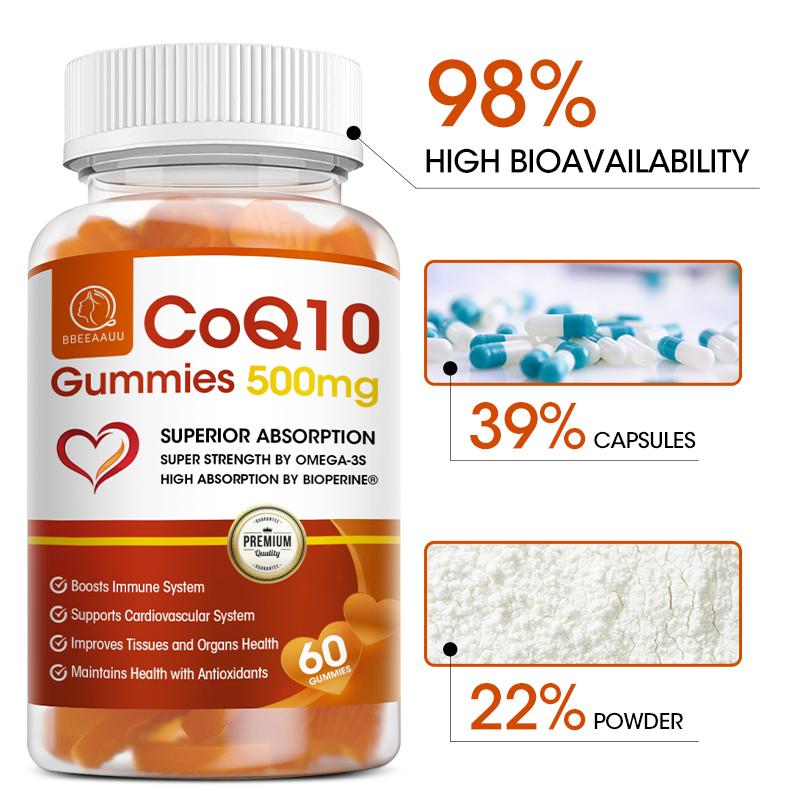 BBEEAAUU COQ10 Gummies | CoQ10 500mg | Delicious Gummy Supplement | Heart Health | Vegetarian |Gluten Free| Ultra High Absorption | 1 Month Use (60 Gummies, 1 Bottle)