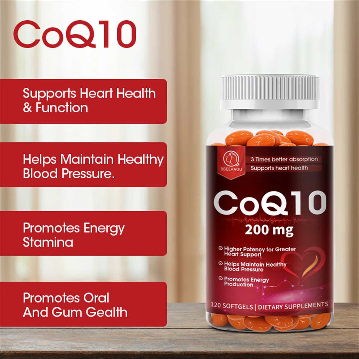 Bbeeaauu Natural Coenzyme Q10 Antioxidant Supplement 200mg for Heart, Brain & Immunity Support - 120 Capsules