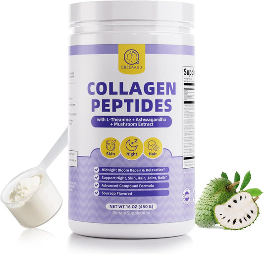 Collagen Peptides* Powder for Women, Night Repair, Support Skin, Hair, Nail, Marine Collagen Supplements with Hydrolyzed Type I, L-Theanine, Ashwagandha, Mushroom, Soursop Flavored, 450g/16oz