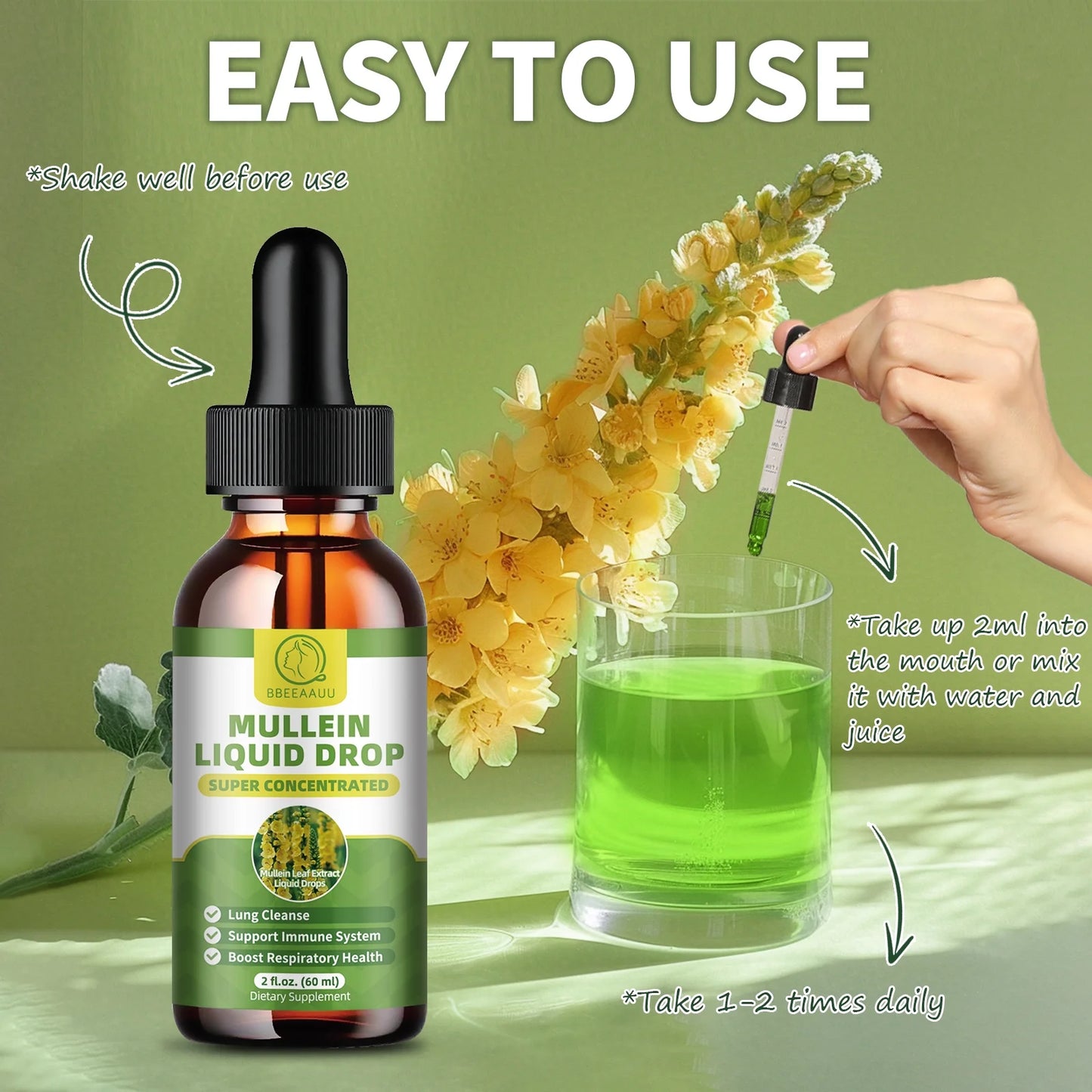 Mullein Liquid Drop Herbal Supplement, Mullein Drops for Lungs, Lung Detox & Cleanse, Mullein Leaf Extract Support Respiratory & Immune, 2 fl oz