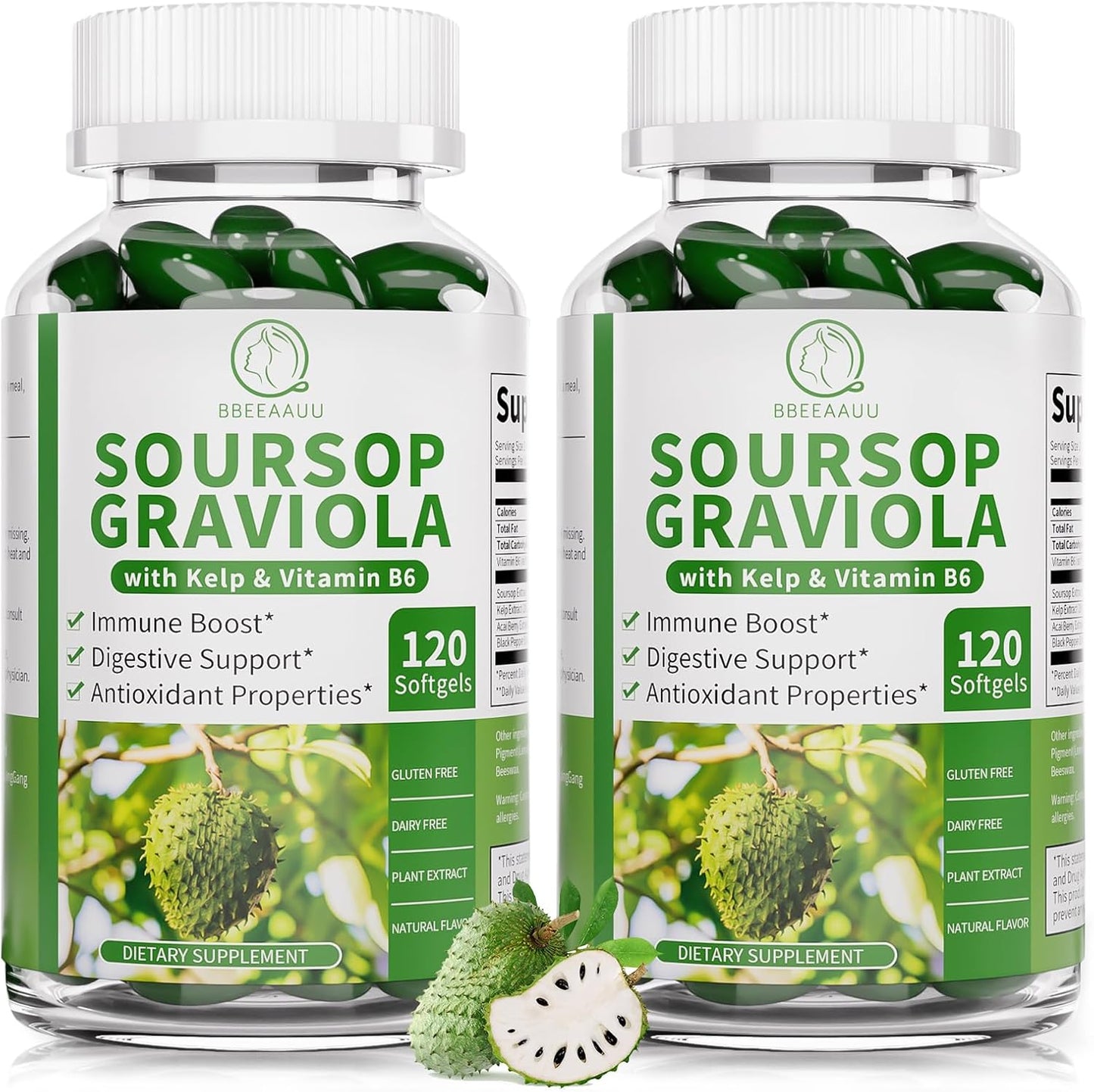 Soursop Graviola Capsules with Kelp, for Cell Regeneration, Enhances Immunity, Digestive Support, Anti-oxidant* Properties, Gluten Free, Vegan, 120 Counts (2 Pack)