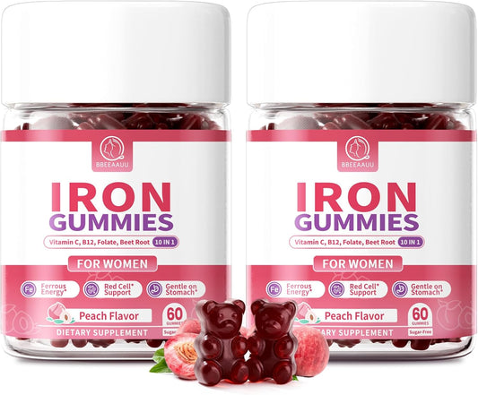 Iron Gummies for Women - Heme Iron for Max Absorption & Gentle on Stomach, 10-in-1 w/Vitamin C, B12, Folate, Supports Energy, Focus & Red Blood* Cell* Wellness | Vegan, Peach Flavor, 60 Ct (2 Pack)