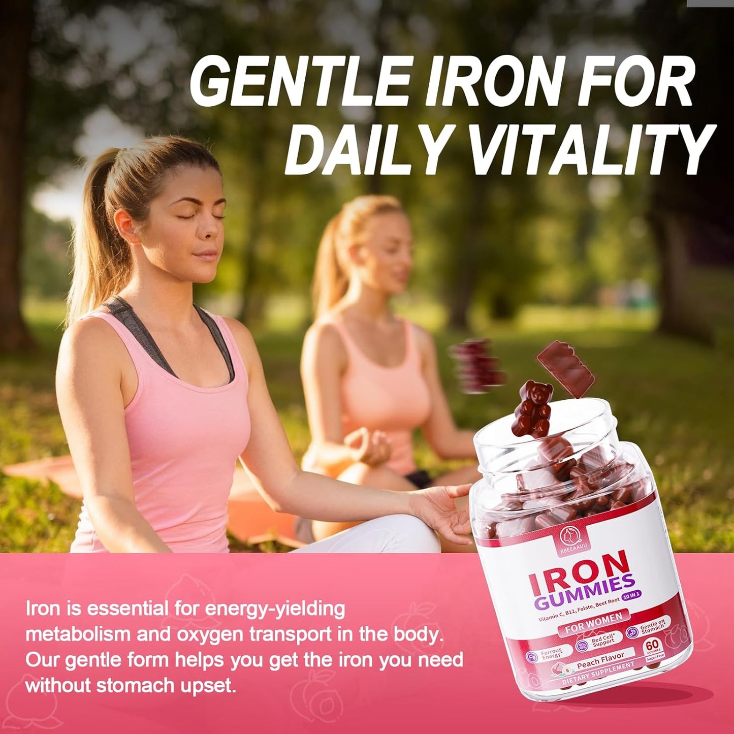 Iron Gummies for Women - Heme Iron for Max Absorption & Gentle on Stomach, 10-in-1 w/Vitamin C, B12, Folate, Supports Energy, Focus & Red Blood* Cell* Wellness | Vegan, Peach Flavor, 60 Ct (2 Pack)