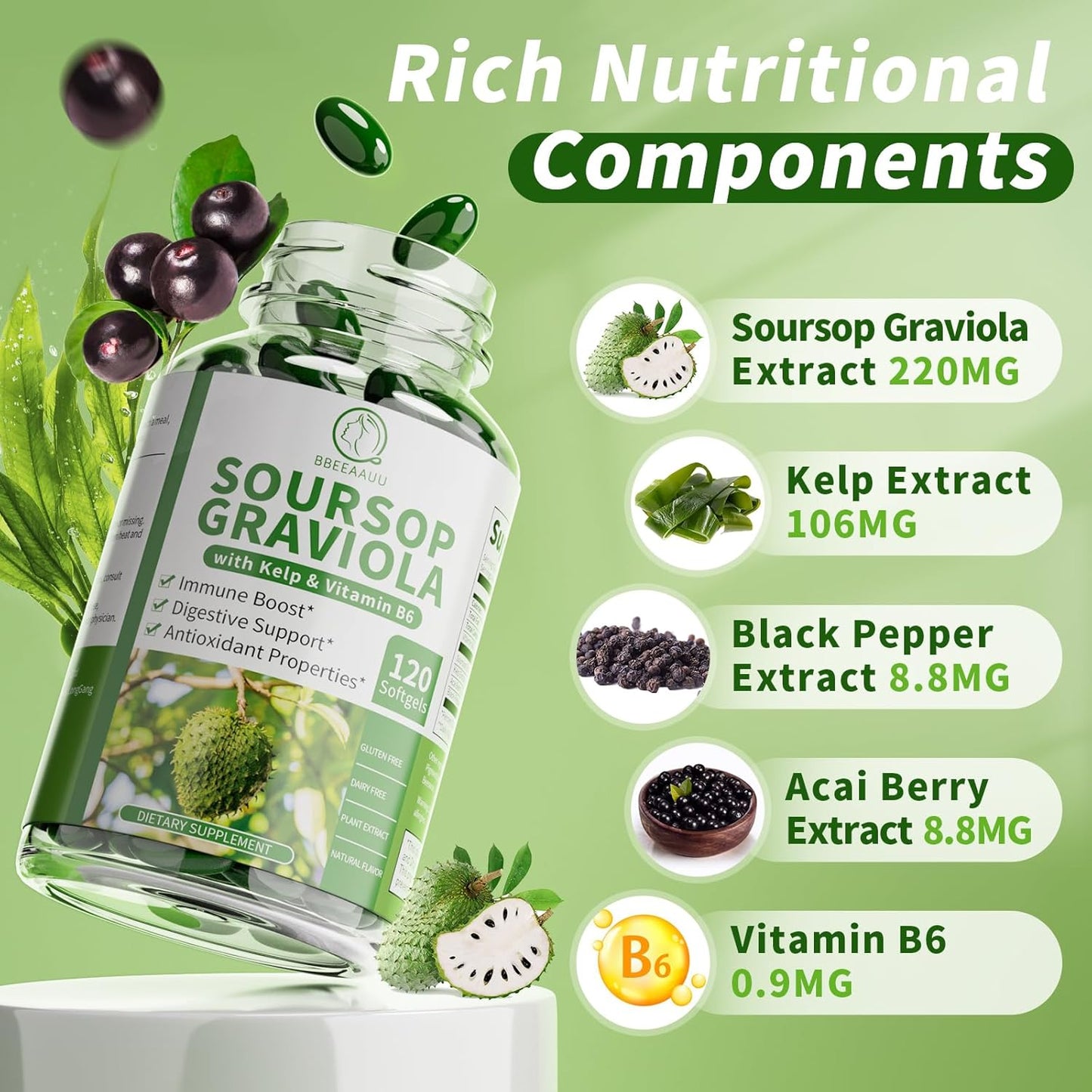 Soursop Graviola Capsules with Kelp, for Cell Regeneration, Enhances Immunity, Digestive Support, Anti-oxidant* Properties, Gluten Free, Vegan, 120 Counts (2 Pack)