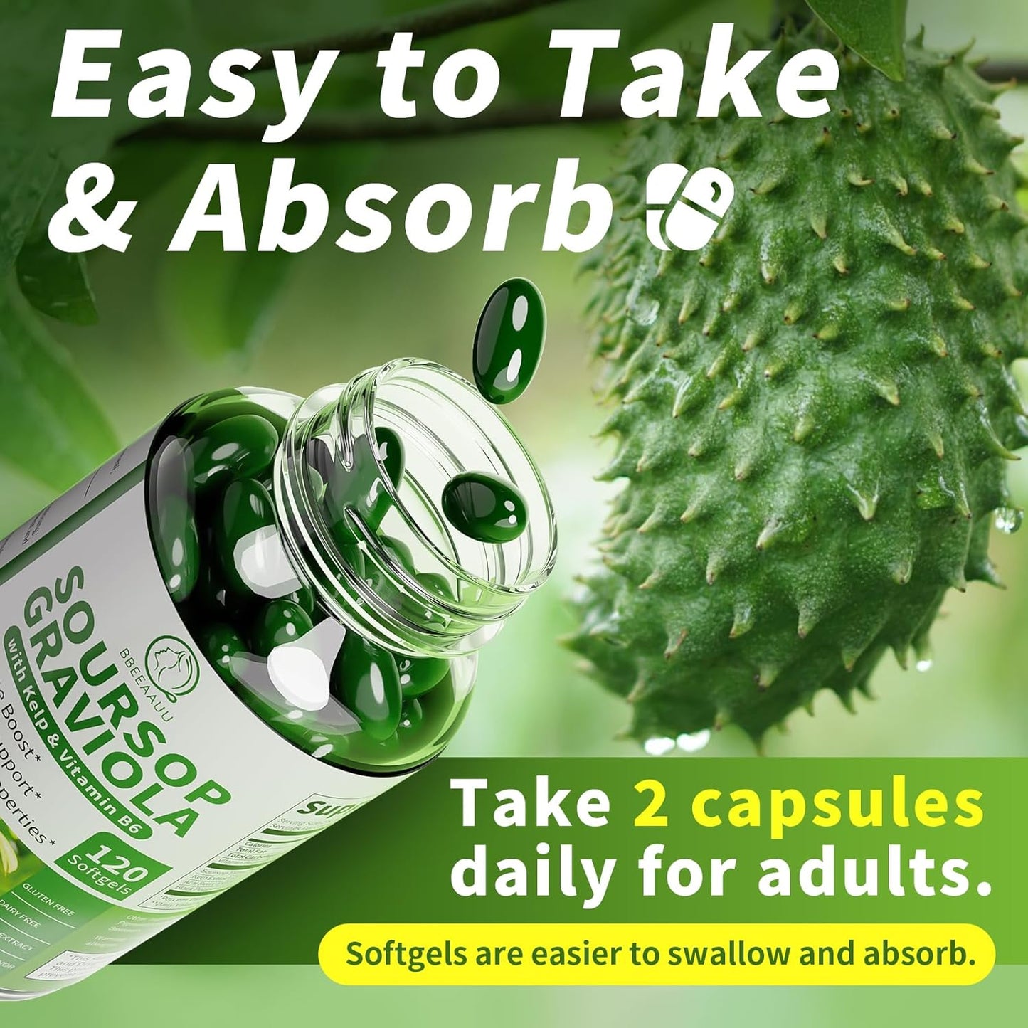 Soursop Graviola Capsules with Kelp, for Cell Regeneration, Enhances Immunity, Digestive Support, Anti-oxidant* Properties, Gluten Free, Vegan, 120 Counts (2 Pack)