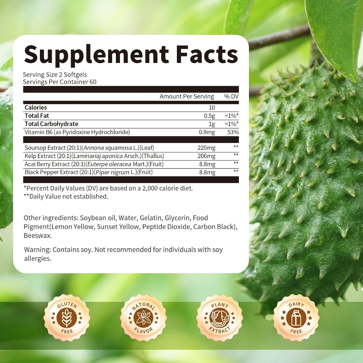 Soursop Graviola Capsules with Kelp, for Cell Regeneration, Enhances Immunity, Digestive Support, Anti-oxidant* Properties, Gluten Free, Vegan, 120 Counts (2 Pack)