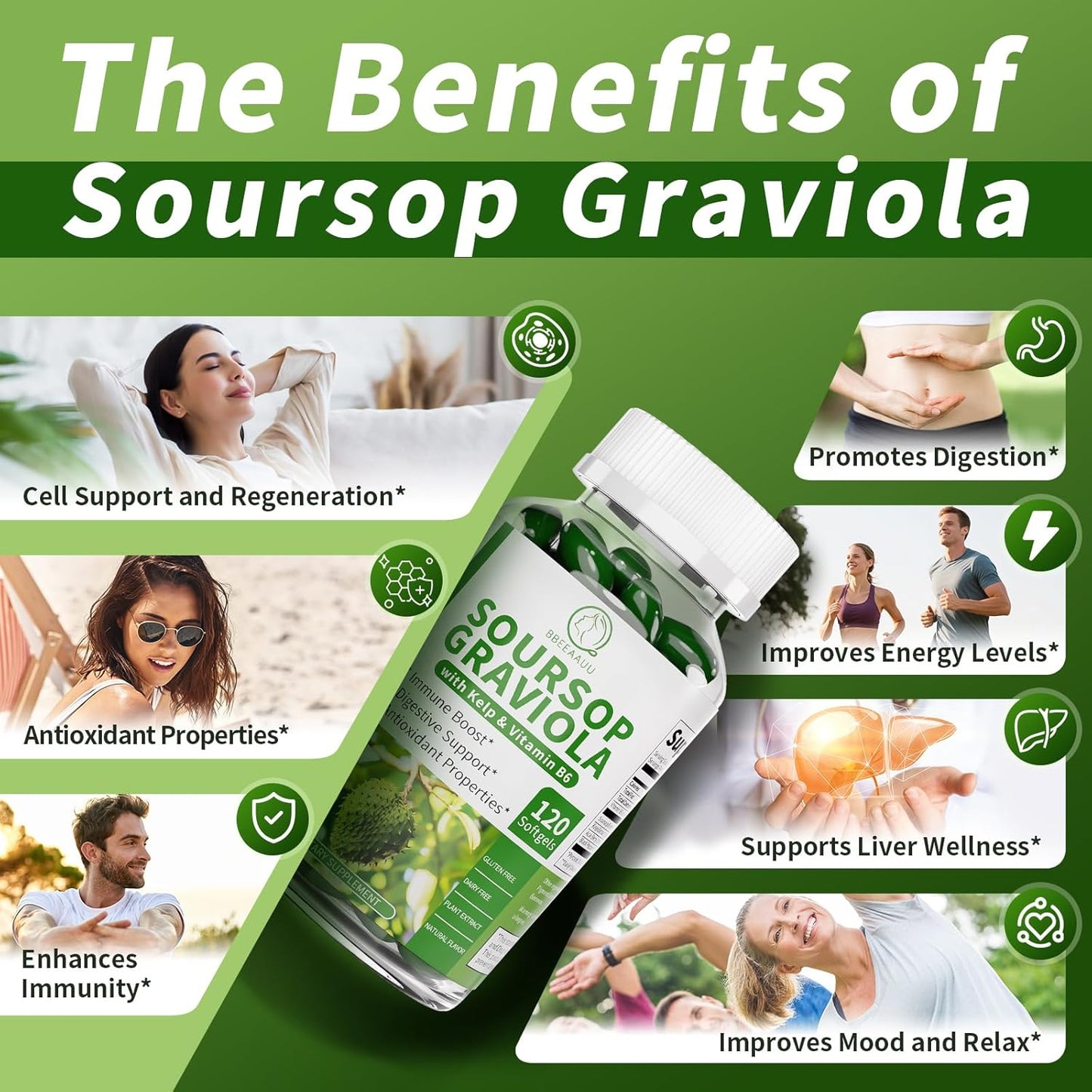 Soursop Graviola Capsules with Kelp, for Cell Regeneration, Enhances Immunity, Digestive Support, Anti-oxidant* Properties, Gluten Free, Vegan, 120 Counts (2 Pack)