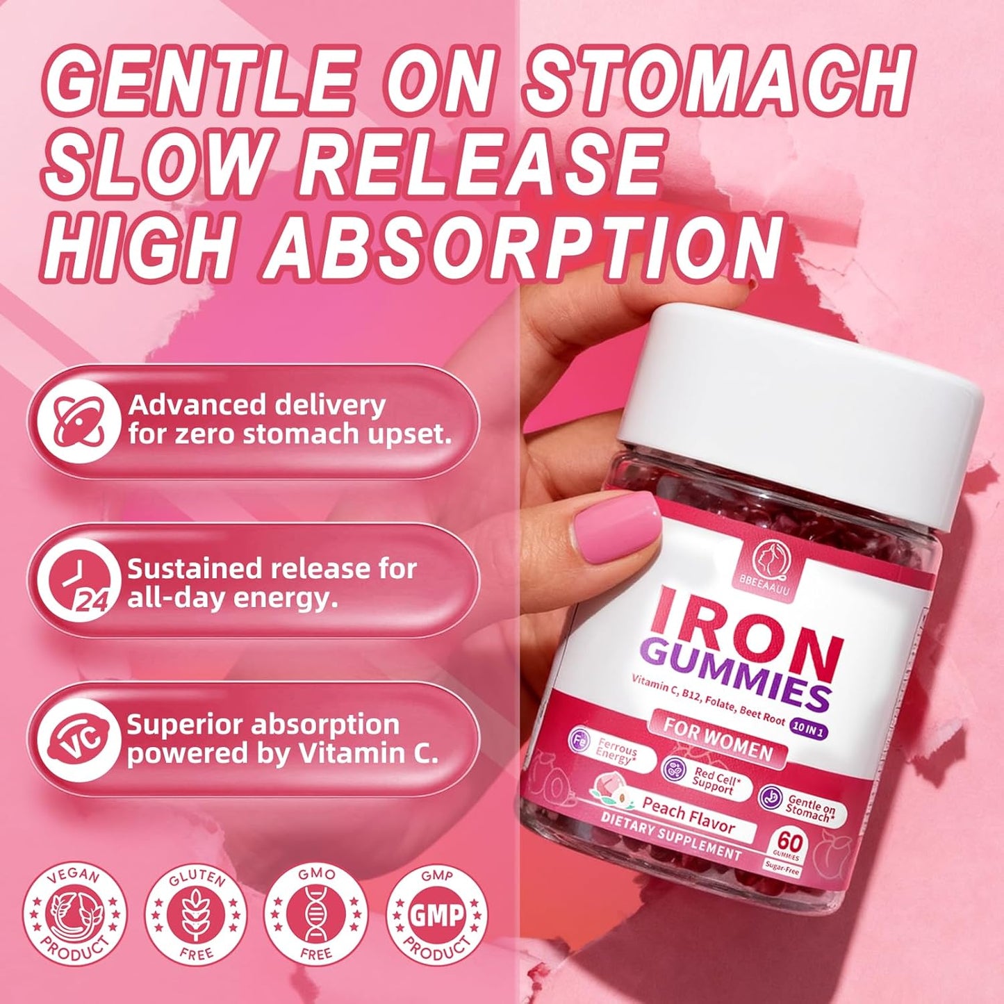 Iron Gummies for Women - Heme Iron for Max Absorption & Gentle on Stomach, 10-in-1 w/Vitamin C, B12, Folate, Supports Energy, Focus & Red Blood* Cell* Wellness | Vegan, Peach Flavor, 60 Ct (2 Pack)