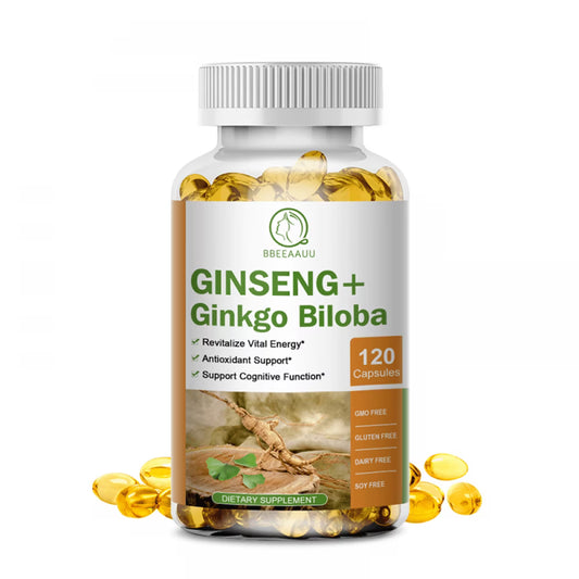 Ginseng + Ginkgo Biloba, Ginseng Root Extract Powder 1000mg (10% Ginsenosides) + Gingko Biloba 200mg, Energy and Focus Pills for Men and Women, 120 Vegan Capsules