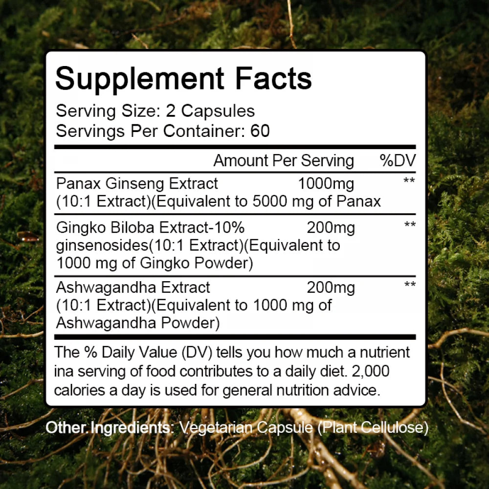Ginseng + Ginkgo Biloba, Ginseng Root Extract Powder 1000mg (10% Ginsenosides) + Gingko Biloba 200mg, Energy and Focus Pills for Men and Women, 120 Vegan Capsules