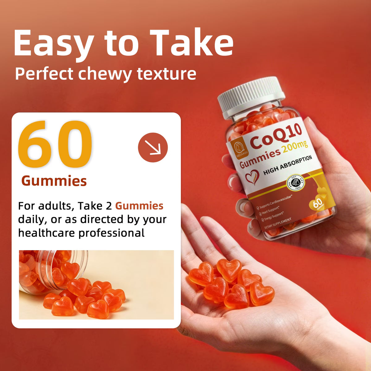 Coenzyme Q10 Gummies 200mg - High Potency COQ10 Gummies Supplement for Heart Health & Energy Support, Plant-Based, 60 Count (30-Day Supply)