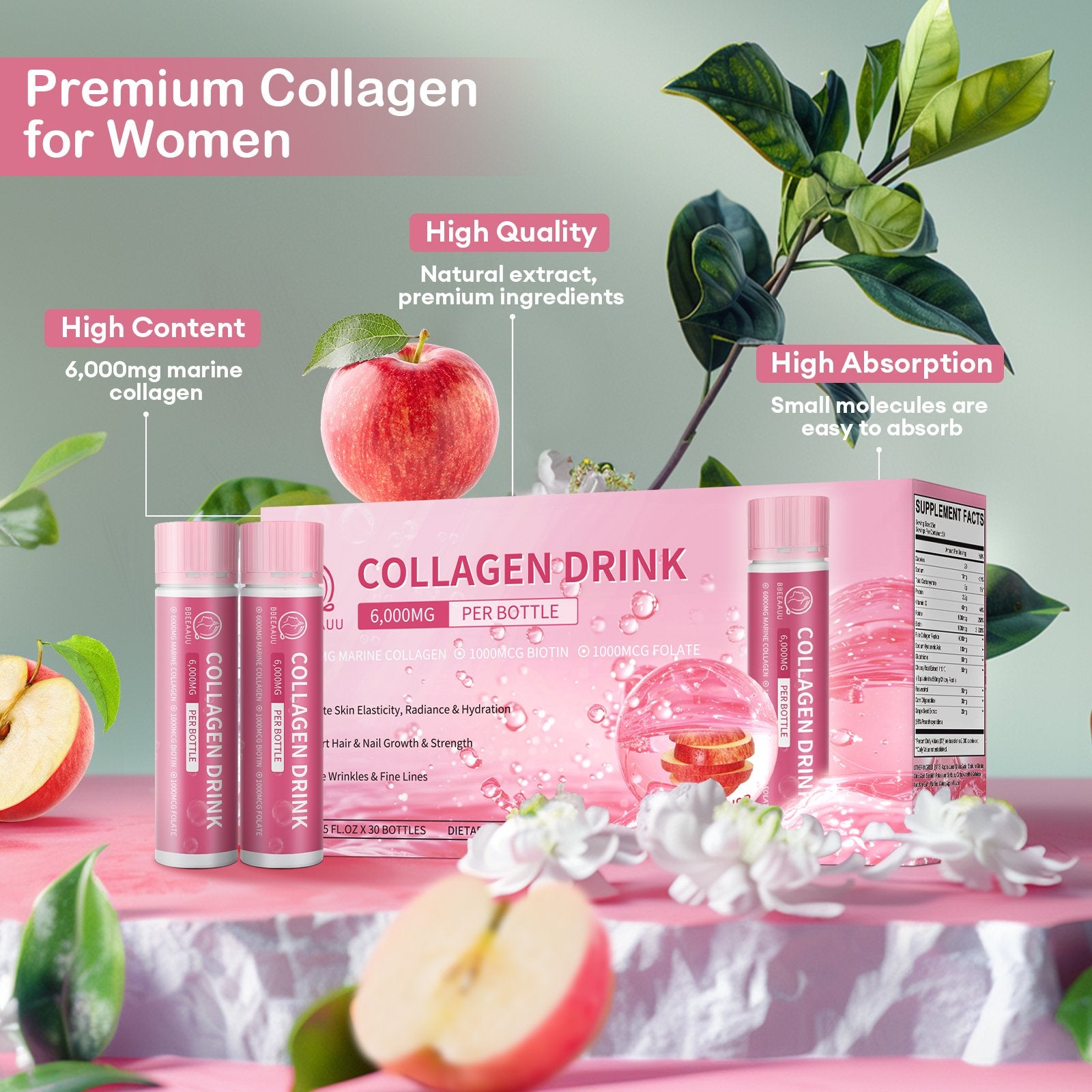 Collagen Drink with 6000mg Marine Collagen Peptides, Apple Flavor Bbeeaauu Collagen Drink with 6000mg Marine Collagen Peptides, Apple Flavor Bbeeaauu