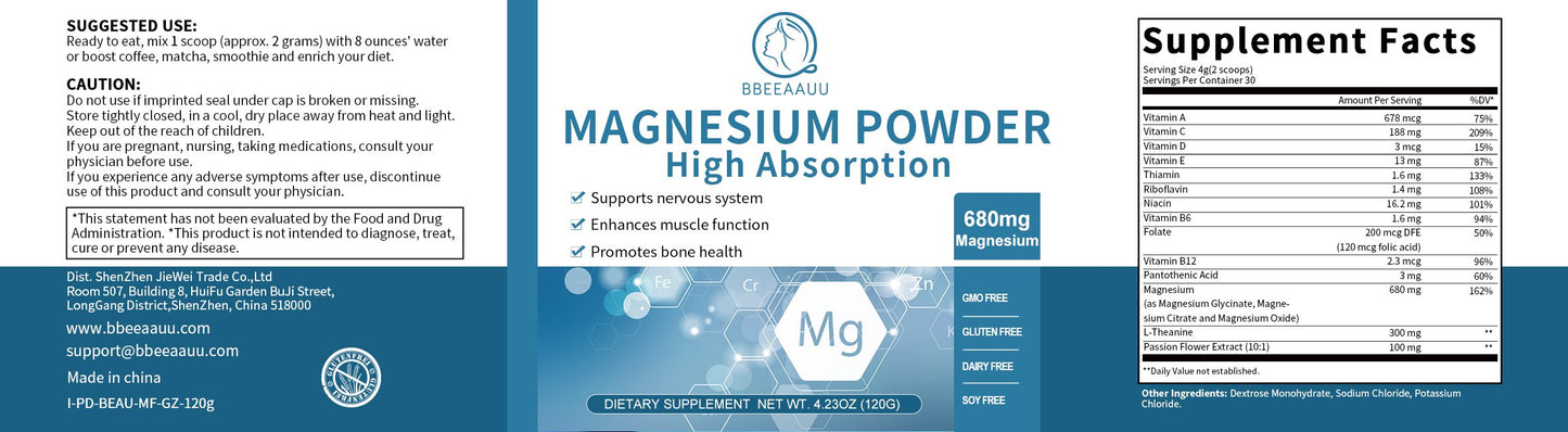 Bbeeaauu Magnesium Powder with 680mg Magnesium and Vitamin Promotes Sleep, Relaxation and Healthy Brain Function Bone, Heart & Muscle Support